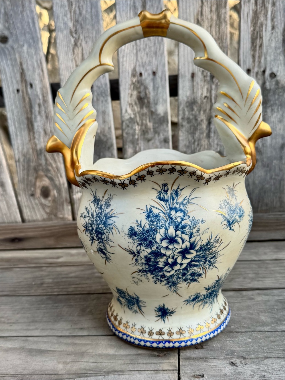 Vintage ceramic floral basket vase/Victorian revival